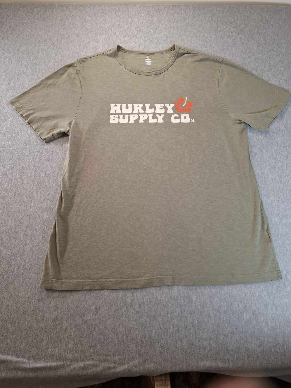 Hurley Olive Green Short Sleeve Tee with Cream Logo and Orange Accent